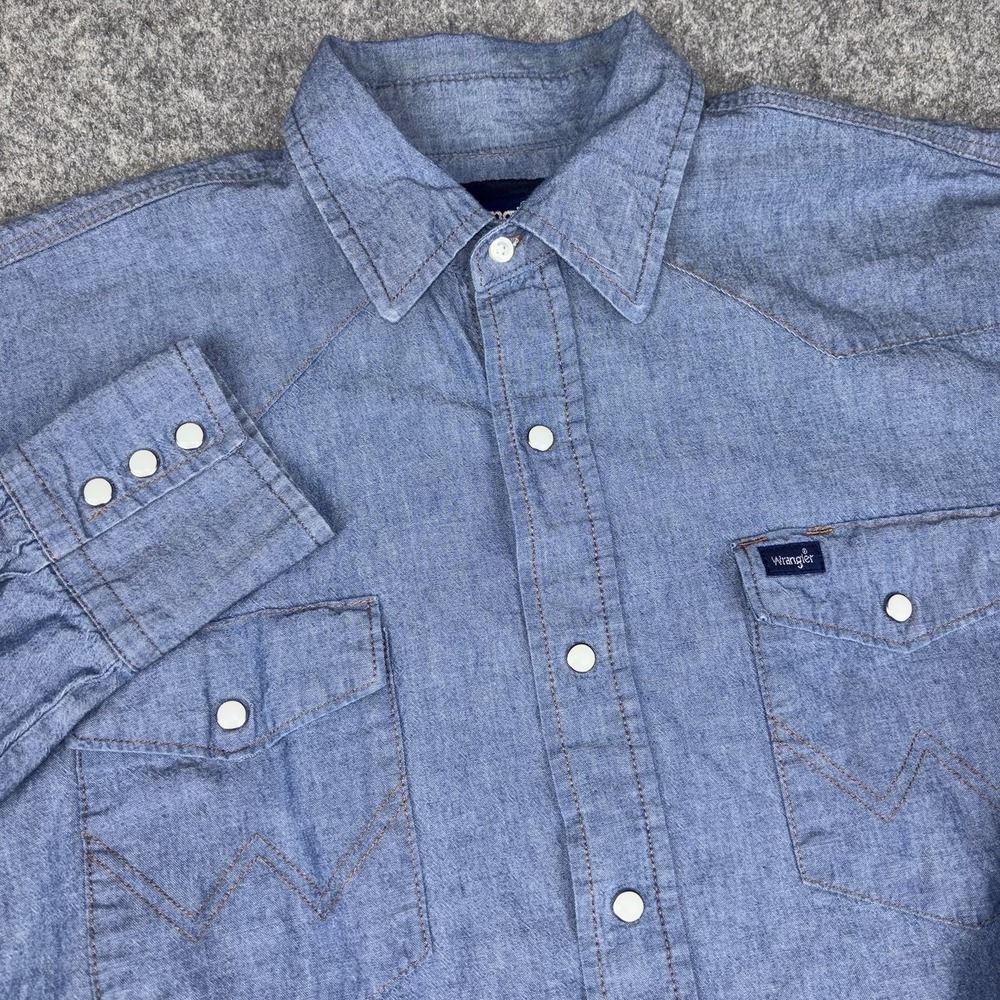 Wrangler Western Pearl Snap Mens Xl Chambray Denim Shirt Long Sleeve Cowboy EUC